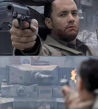 它依赖于使用电影《拯救大兵瑞恩》（1998 年）中的两张单独的屏幕截图。它通常用作标记模因的对象，创作者在第二个面板中标记 Tom Hanks（士兵）、他的枪，然后是坦克，以代表某种类型的强大敌人。这样做的目的是代表无法克服的事情。图片格式为JPG，尺寸为958x670px，文件大小为51.6kb。