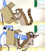 该梗图出自美国动画片日常工作(Regular Show)，又译《天兵公园》中鸟哥摩迪凯穿过了箱子打了阿天瑞格比。图片格式为JPG，尺寸为798x900px，文件大小为67.1kb。
