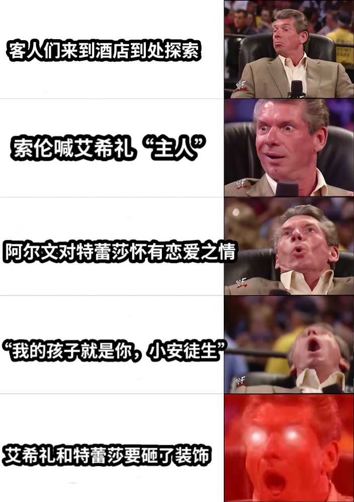 客人们来到酒店到处探索索伦喊艾希礼“主人”阿尔文对特蕾莎怀有恋爱之情“我的孩子就是你，小安徒生”艾希礼和特蕾莎要砸了装饰