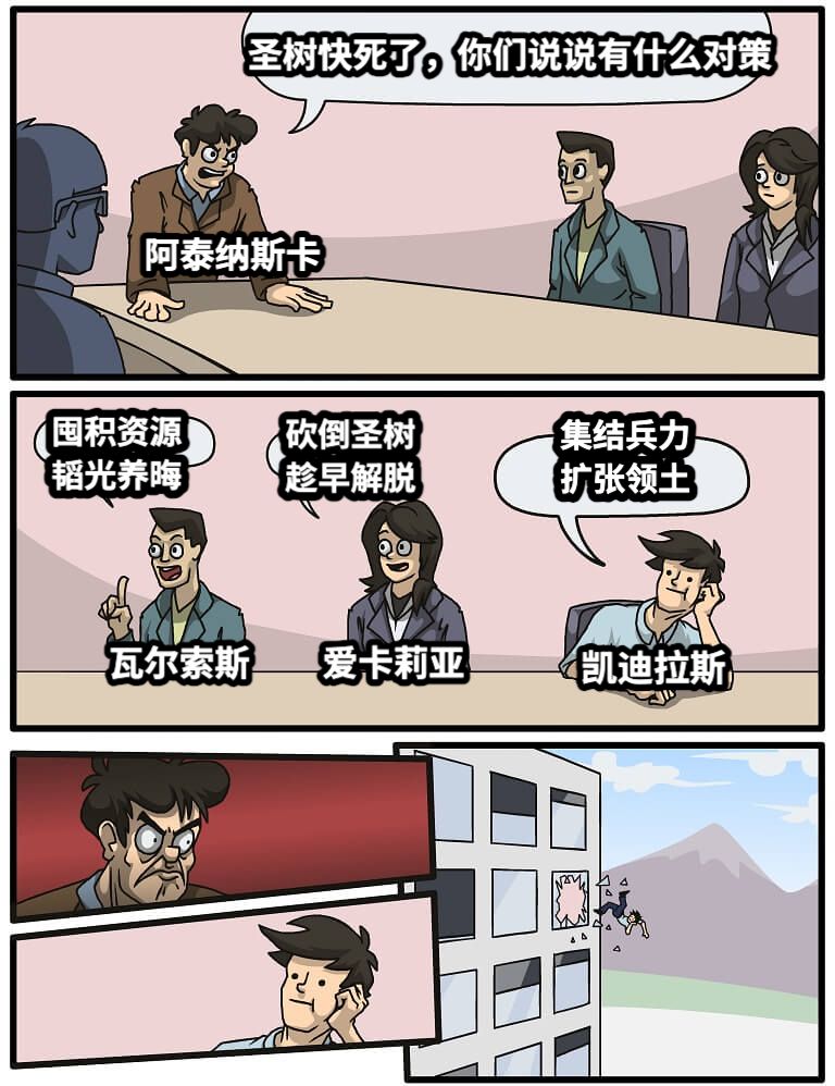 圣树快死了，你们说说有什么对策囤积资源韬光养晦砍倒圣树趁早解脱集结兵力扩张领土阿泰纳斯卡凯迪拉斯爱卡莉亚瓦尔索斯