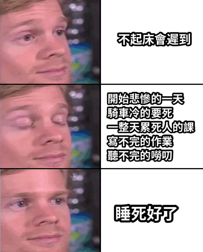 不起床會遲到開始悲慘的一天騎車冷的要死一整天累死人的課寫不完的作業聽不完的嘮叨睡死好了