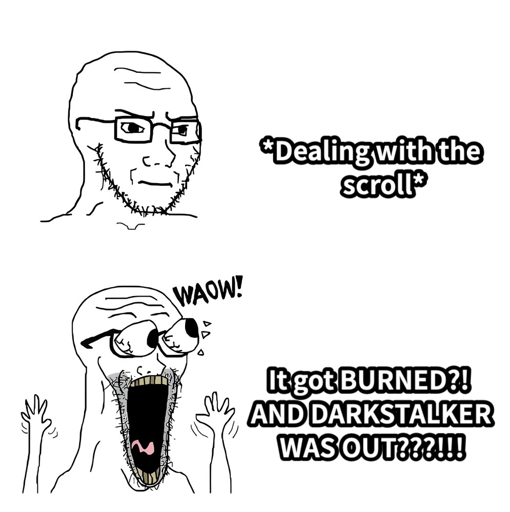 *Dealing with the              scroll*   It got BURNED?!AND DARKSTALKER     WAS OUT???!!!