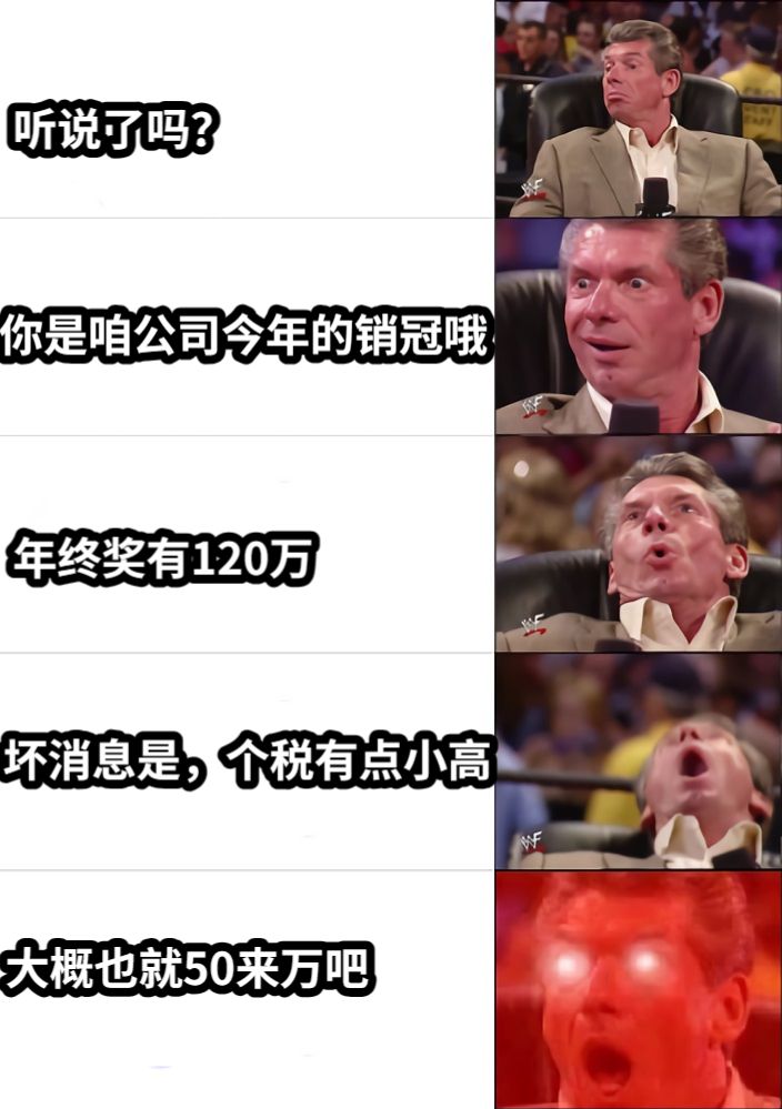 听说了吗？你是咱公司今年的销冠哦年终奖有120万坏消息是，个税有点小高大概也就50来万吧
