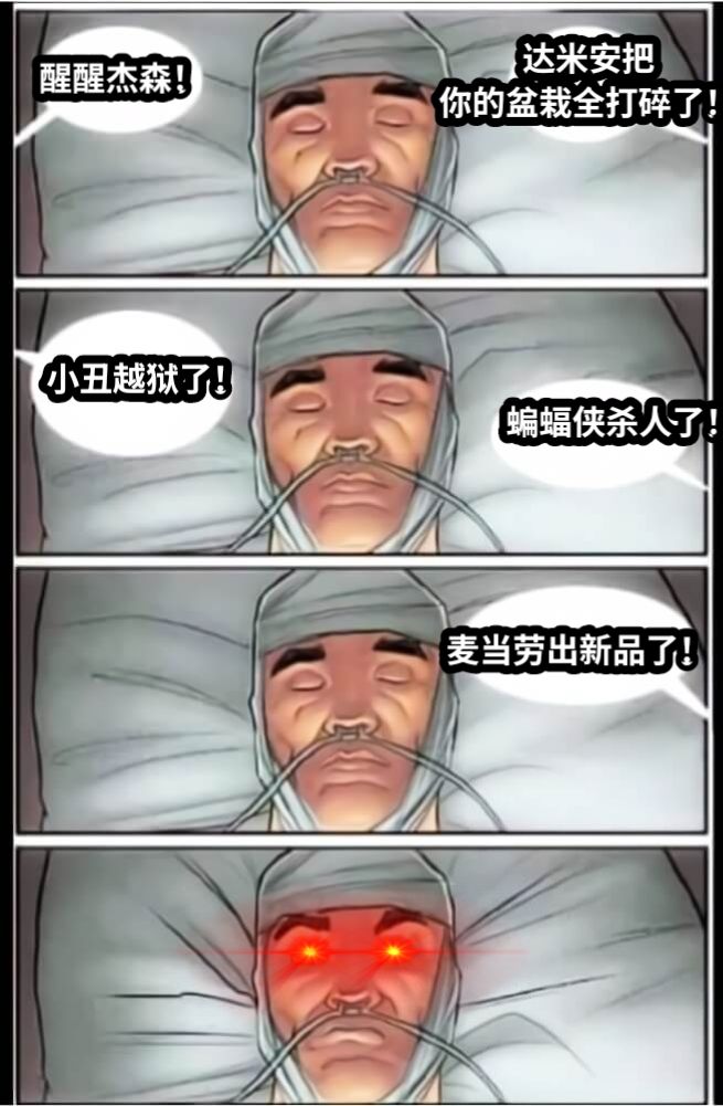 醒醒杰森！快醒醒！小丑越狱了！蝙蝠侠杀人了！麦当劳出新品了！达米安把你的盆栽全打碎了！