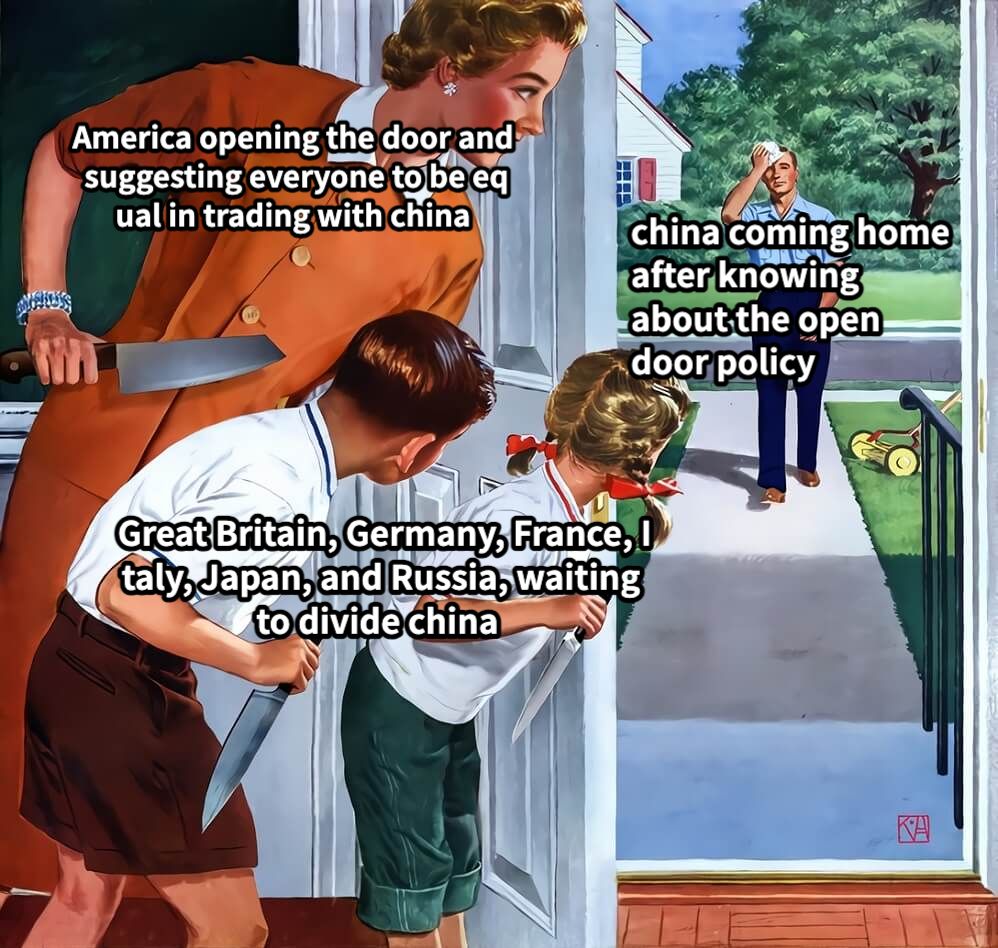 china coming home after knowing about the open door policyAmerica opening the door and suggesting everyone to be equal in trading with chinaGreat Britain, Germany, France, Italy, Japan, and Russia, waiting to divide china 