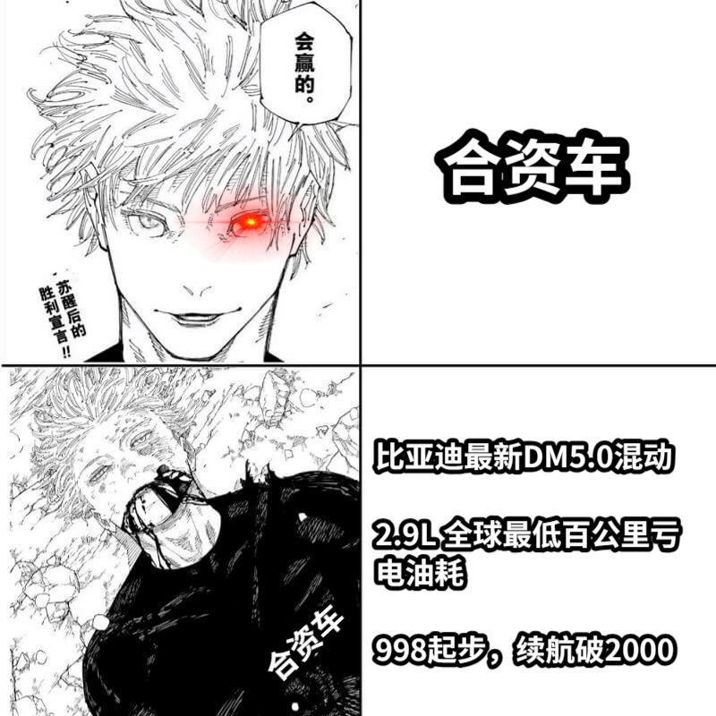 合资车：会赢的。比亚迪DM5.0，2.9L 全球最低百公里亏电油耗，998起步，续航破2000