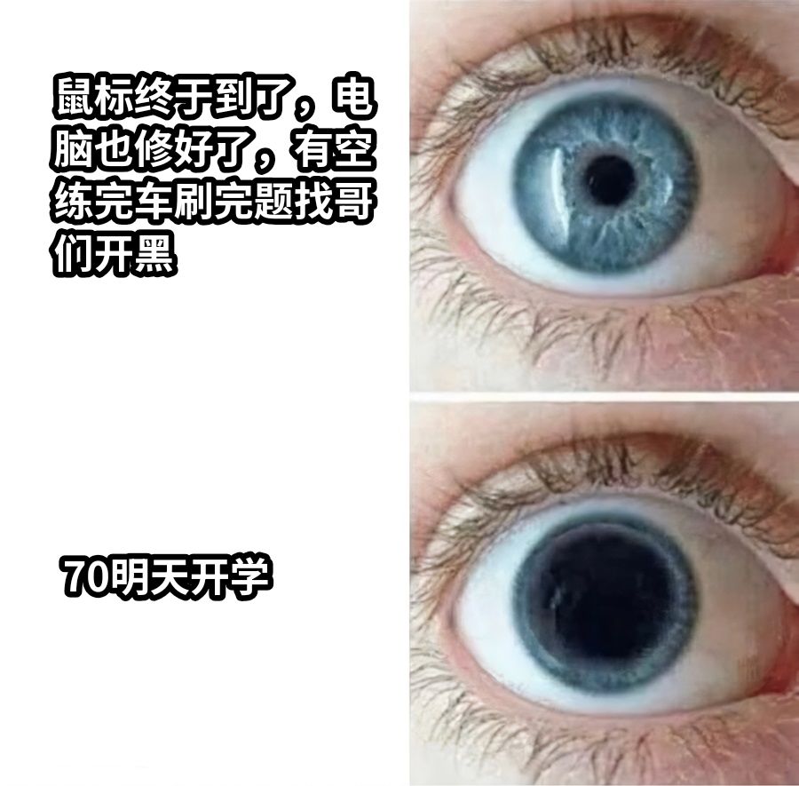 鼠标终于到了，电脑也修好了，有空练完车刷完题找哥们开黑70明天开学