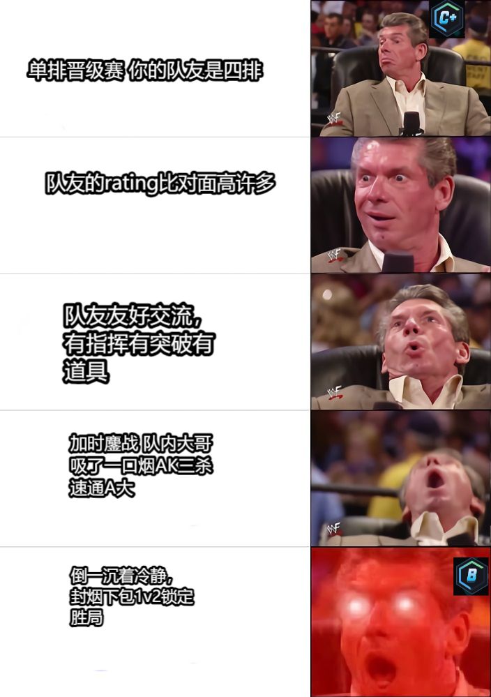 单排晋级赛 你的队友是四排队友的rating比对面高许多队友友好交流，有指挥有突破有道具加时鏖战 队内大哥吸了一口烟AK三杀速通A大倒一沉着冷静，封烟下包1v2锁定胜局