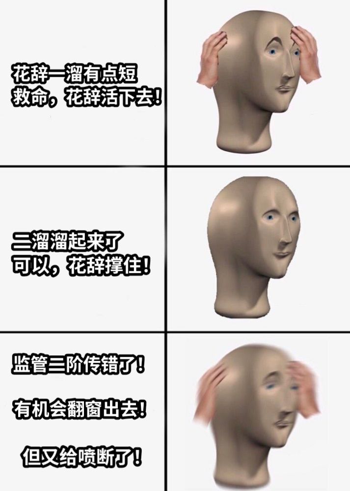 花辞一溜有点短救命，花辞活下去！二溜溜起来了可以，花辞撑住！监管二阶传错了！有机会翻窗出去！但又给喷断了！