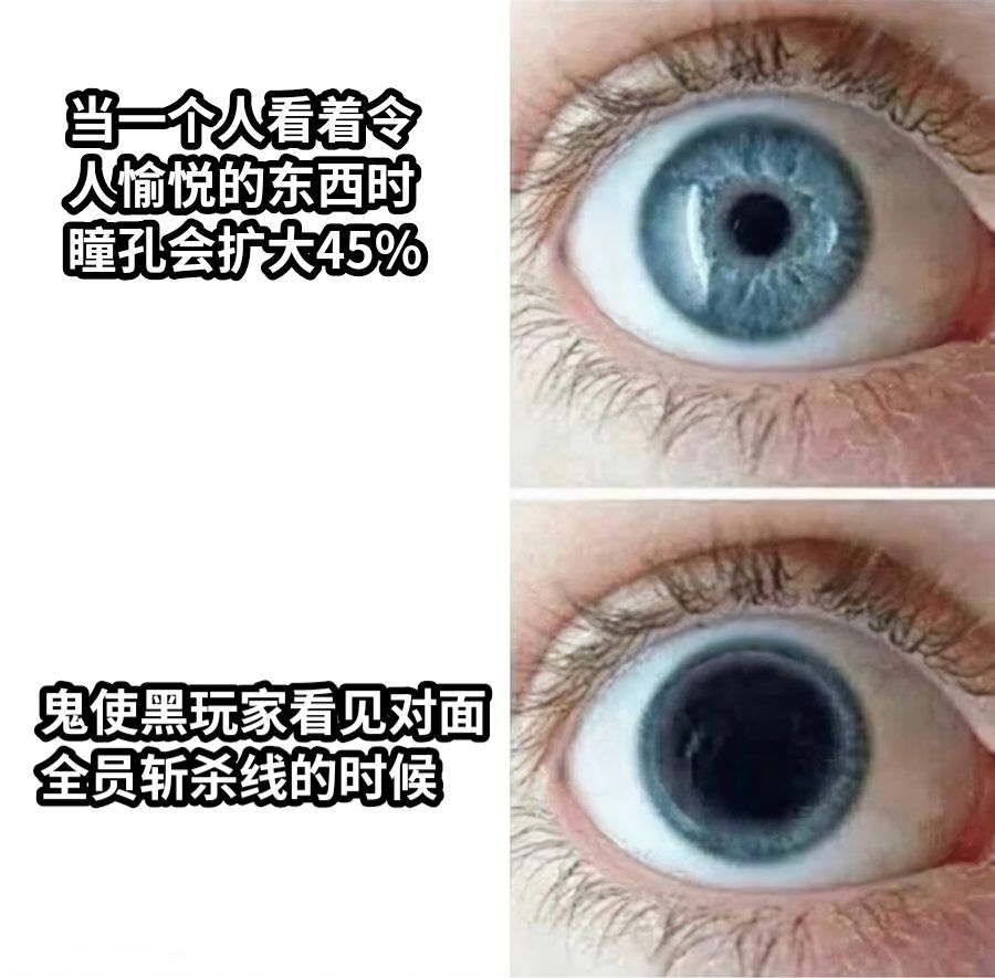 当一个人看着令人愉悦的东西时瞳孔会扩大45%鬼使黑玩家看见对面全员斩杀线的时候