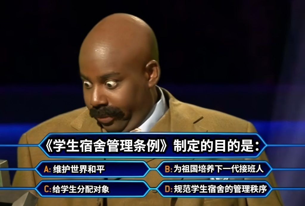 《学生宿舍管理条例》制定的目的是：维护世界和平为祖国培养下一代接班人规范学生宿舍的管理秩序给学生分配对象