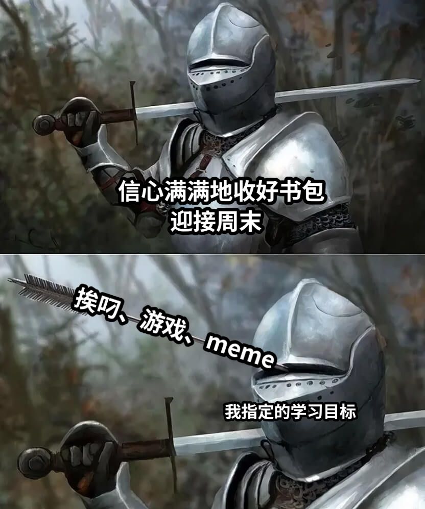 信心满满地收好书包          迎接周末挨叼、游戏、meme我指定的学习目标