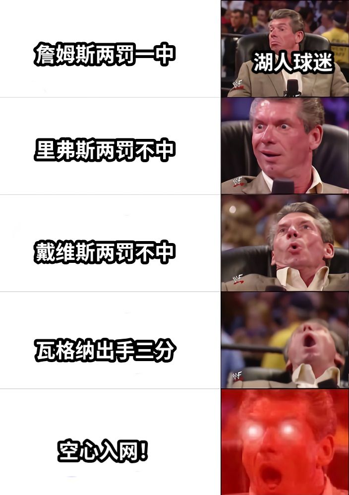 詹姆斯两罚一中里弗斯两罚不中戴维斯两罚不中瓦格纳出手三分空心入网！湖人球迷