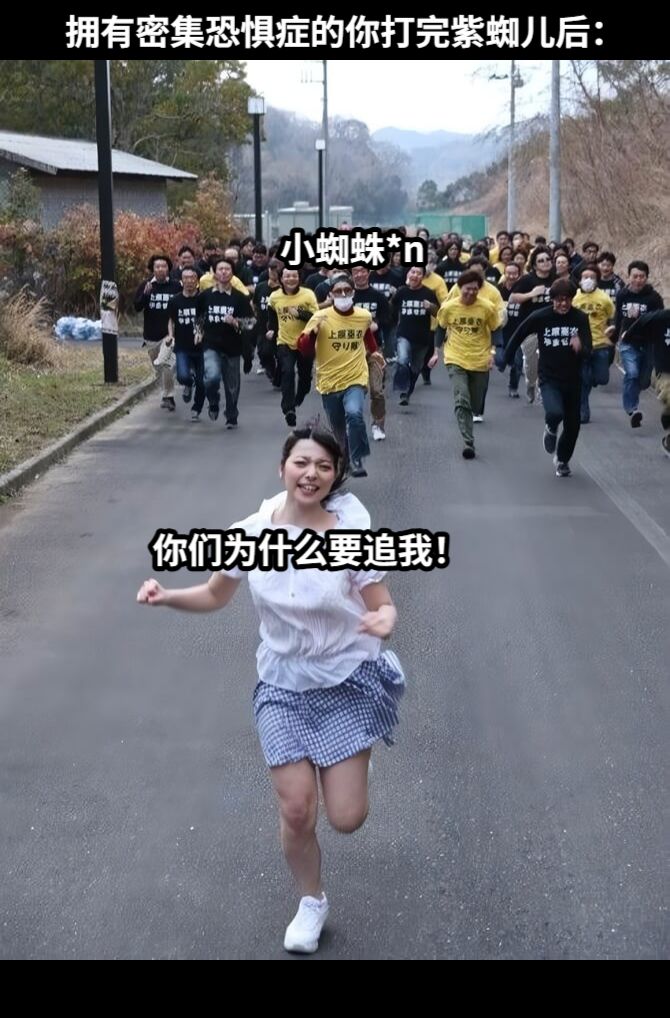 拥有密集恐惧症的你打完紫蜘儿后：小蜘蛛*n你们为什么要追我！