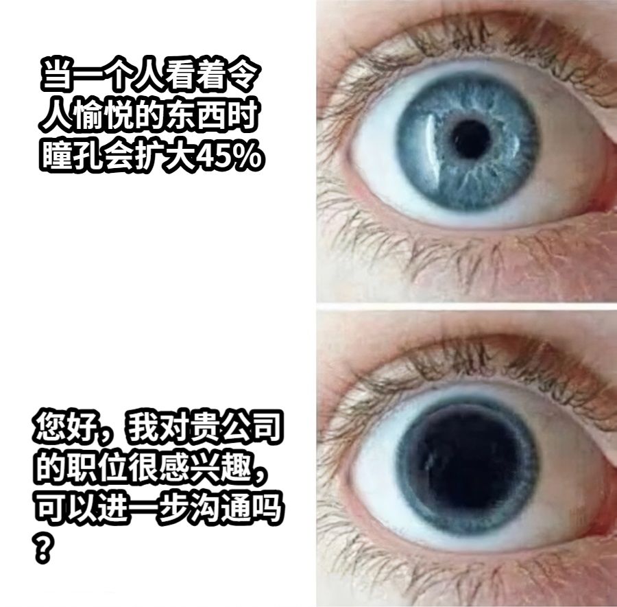 当一个人看着令人愉悦的东西时瞳孔会扩大45%您好，我对贵公司的职位很感兴趣，可以进一步沟通吗？
