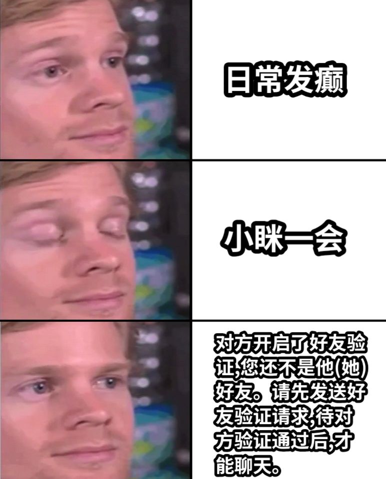 日常发癫小眯一会对方开启了好友验证,您还不是他(她)好友。请先发送好友验证请求,待对方验证通过后,才能聊天。
