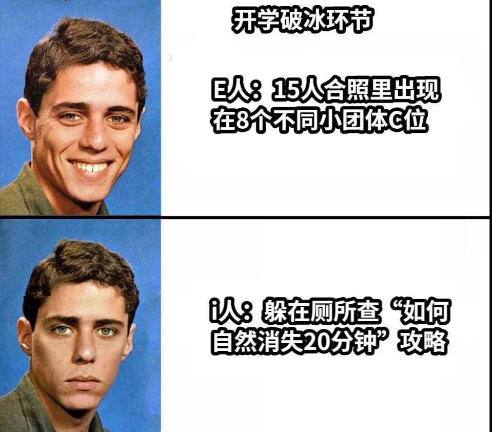 E人：15人合照里出现在8个不同小团体C位i人：躲在厕所查“如何自然消失20分钟”攻略开学破冰环节​