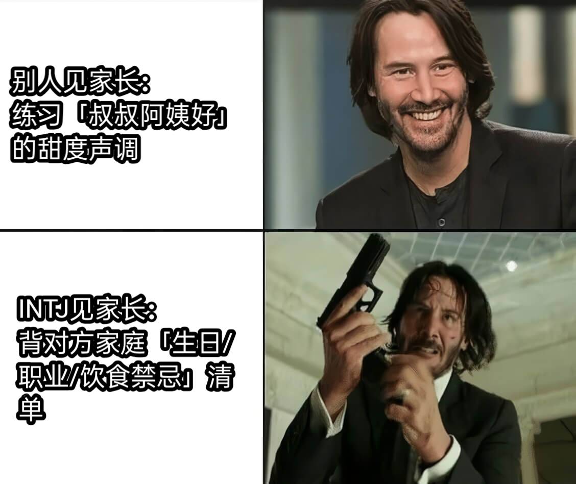 别人见家长：练习「叔叔阿姨好」的甜度声调INTJ见家长：背对方家庭「生日/职业/饮食禁忌」清单