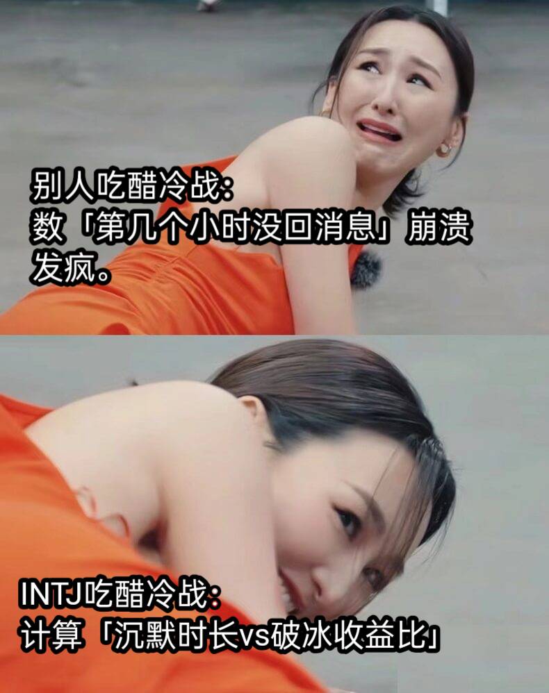 别人吃醋冷战：数「第几个小时没回消息」崩溃发疯。INTJ吃醋冷战：计算「沉默时长vs破冰收益比」