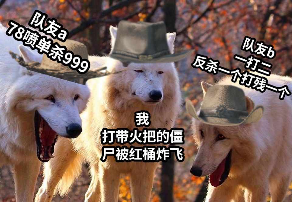      队友a78喷单杀999              队友b             一打二 反杀一个打残一个           我打带火把的僵尸被红桶炸飞